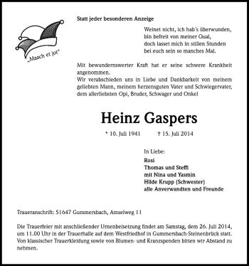 Anzeige von Heinz Gaspers von  Anzeigen Echo 