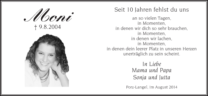  Traueranzeige für Moni  vom 06.08.2014 aus  Kölner Wochenspiegel  Extra Blatt 