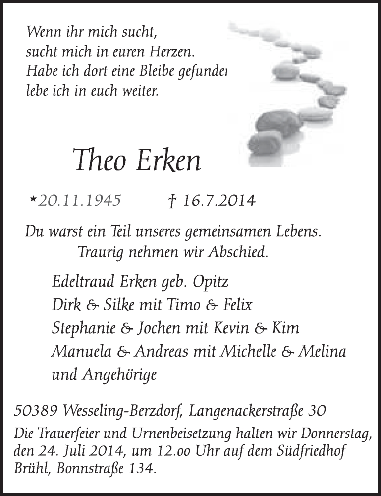  Traueranzeige für Theo Erken vom 23.07.2014 aus  Schlossbote/Werbekurier 