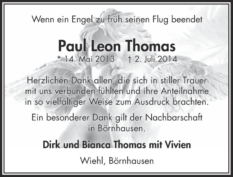  Traueranzeige für Paul Leon Thomas vom 23.07.2014 aus  Anzeigen Echo 
