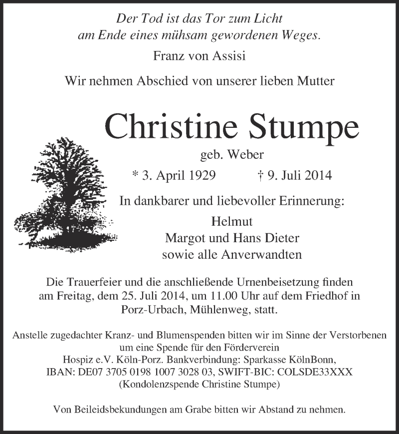  Traueranzeige für Christine Stumpe vom 23.07.2014 aus  Kölner Wochenspiegel 