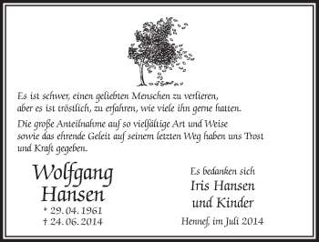 Anzeige von Wolfgang Hansen von  Extra Blatt 