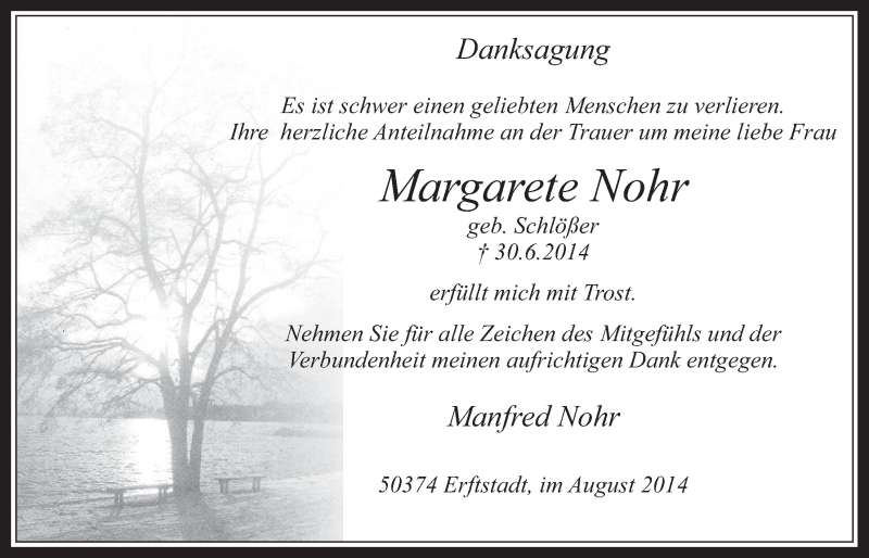  Traueranzeige für Margarete Nohr vom 06.08.2014 aus  Werbepost 