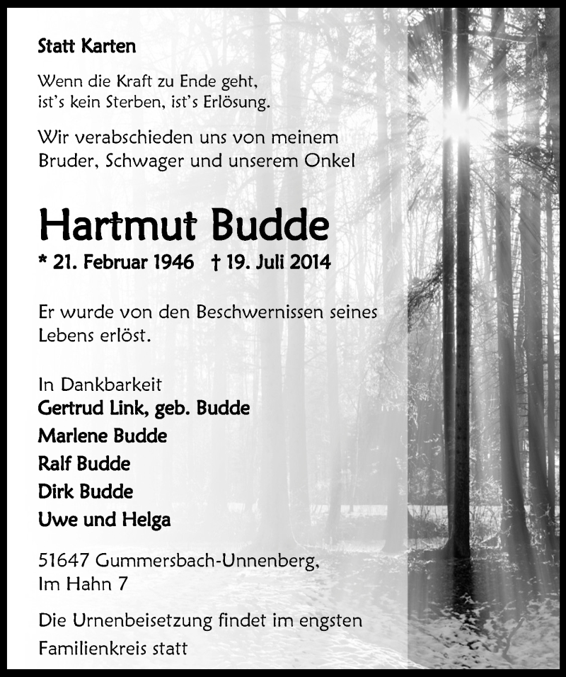  Traueranzeige für Hartmut Eudde vom 23.07.2014 aus  Anzeigen Echo 