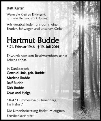 Anzeige von Hartmut Eudde von  Anzeigen Echo 