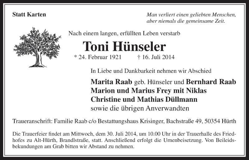  Traueranzeige für Toni Hünseler vom 23.07.2014 aus  Wochenende 