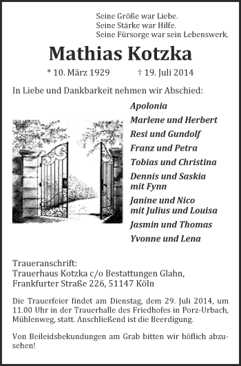 Anzeige von Mathias Kotzka von  Kölner Wochenspiegel 