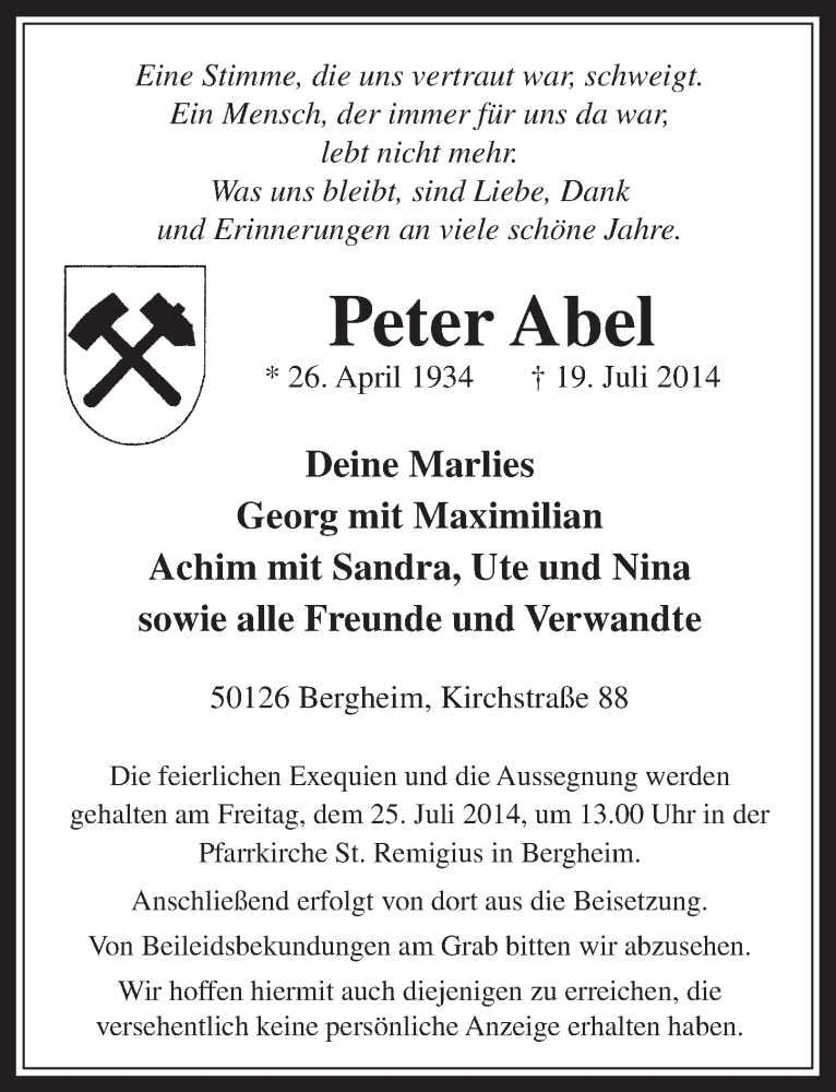  Traueranzeige für Peter Abel vom 23.07.2014 aus  Werbepost 