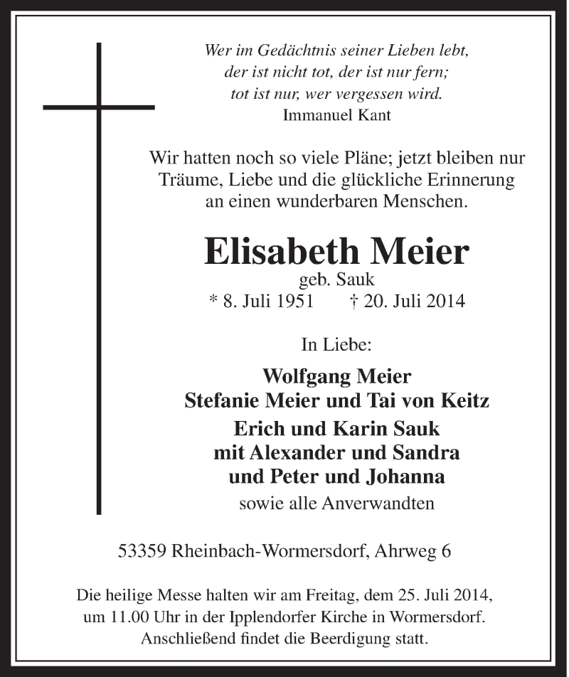  Traueranzeige für Elisabeth Meier vom 23.07.2014 aus  Schaufenster/Blickpunkt 