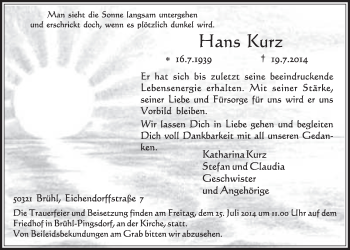 Anzeige von Hans Kurz von  Schlossbote/Werbekurier 