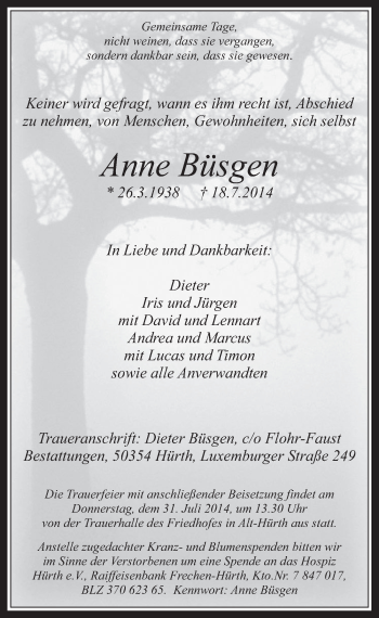 Anzeige von Anne Büsgen von  Wochenende 