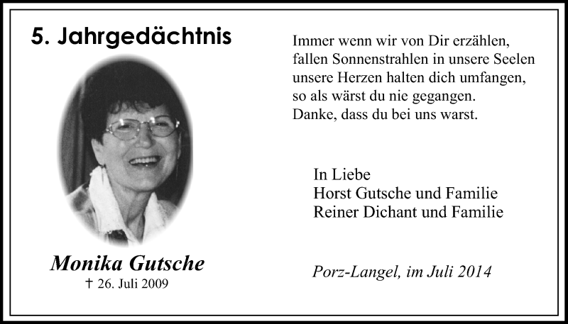  Traueranzeige für Monika Gutsche vom 30.07.2014 aus  Kölner Wochenspiegel 