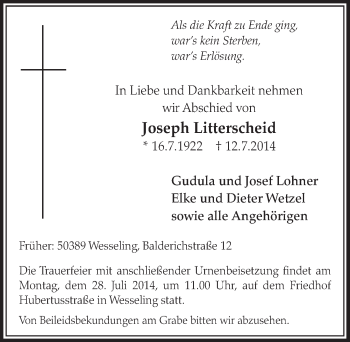 Anzeige von Joseph Litterscheid von  Schlossbote/Werbekurier 