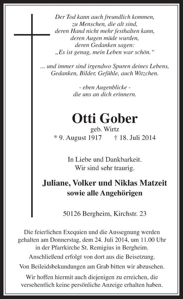  Traueranzeige für Otti Gober vom 23.07.2014 aus  Werbepost 