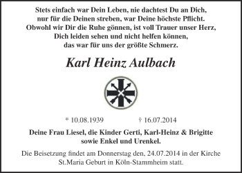 Anzeige von Karl Heinz Aulbach von  Kölner Wochenspiegel 