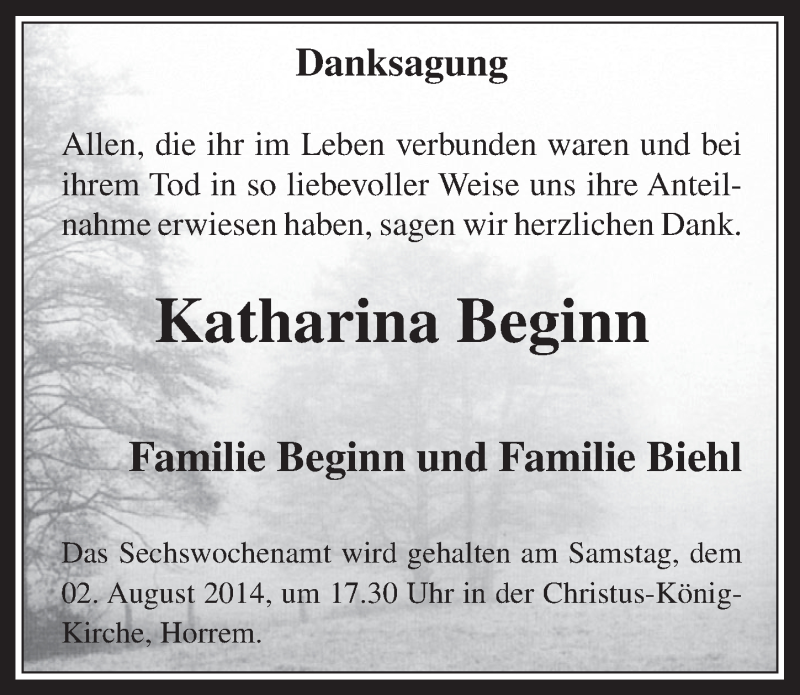  Traueranzeige für Katharina Beginn vom 30.07.2014 aus  Werbepost 