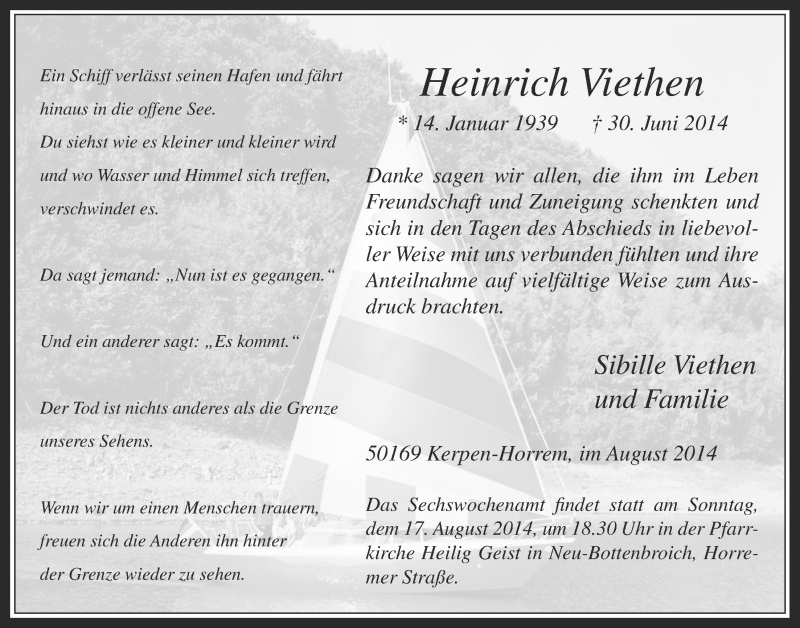  Traueranzeige für Heinrich Viethen vom 06.08.2014 aus  Werbepost 