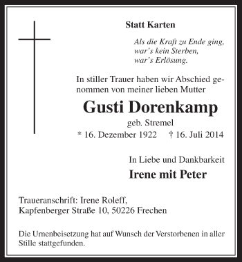 Anzeige von Gusti Dorenkamp von  Wochenende 