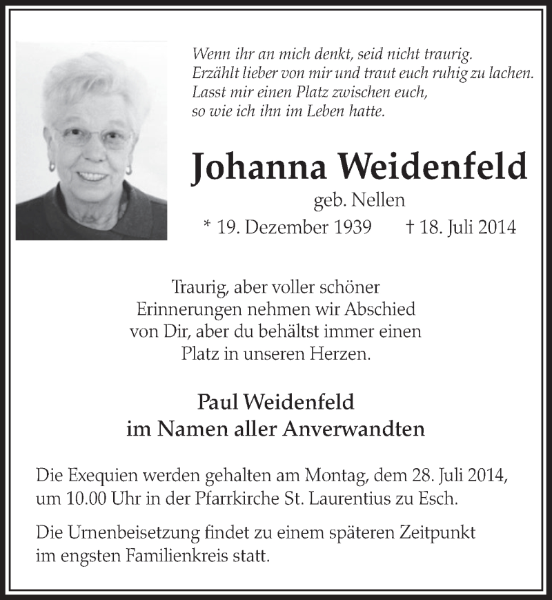  Traueranzeige für Johanna Weidenfeld vom 26.07.2014 aus  Sonntags-Post 