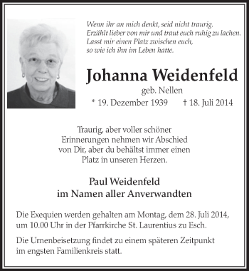 Anzeige von Johanna Weidenfeld von  Sonntags-Post 