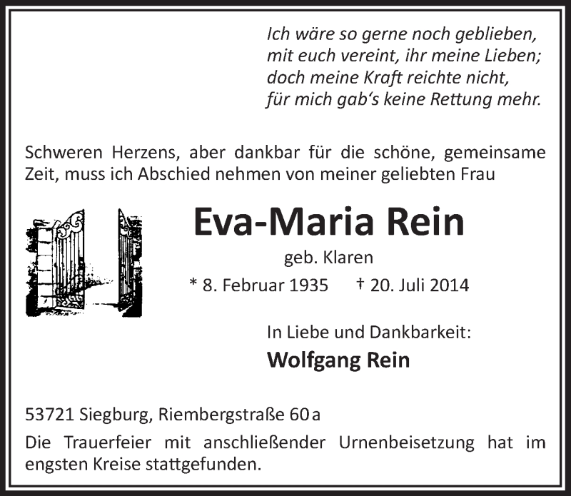  Traueranzeige für Eva-Maria Rein vom 30.07.2014 aus  Extra Blatt 