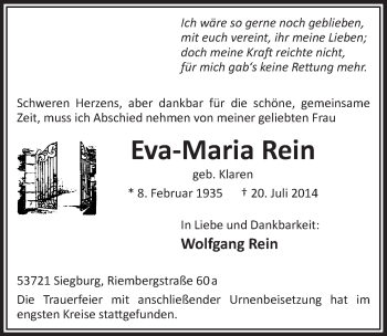 Anzeige von Eva-Maria Rein von  Extra Blatt 