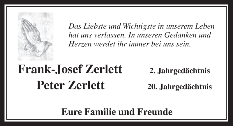  Traueranzeige für Frank-Josef und Peter Zerlett vom 30.07.2014 aus  Werbepost 