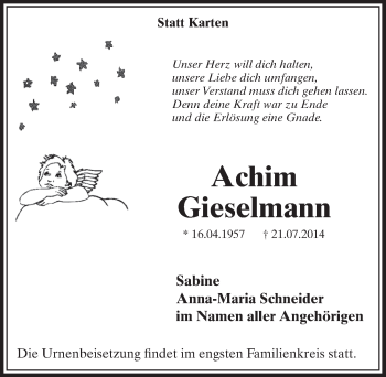 Anzeige von Achim Gieselmann von  Sonntags-Post 