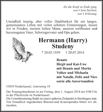 Anzeige von Hermann Studeny von  Extra Blatt 