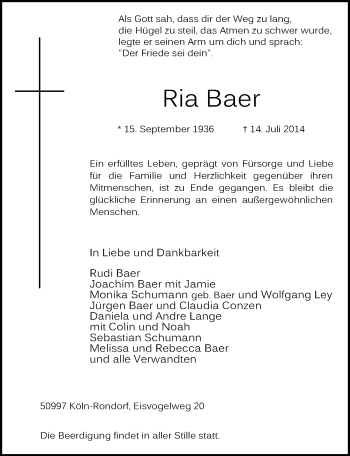 Anzeige von Ria Baer von  Kölner Wochenspiegel 