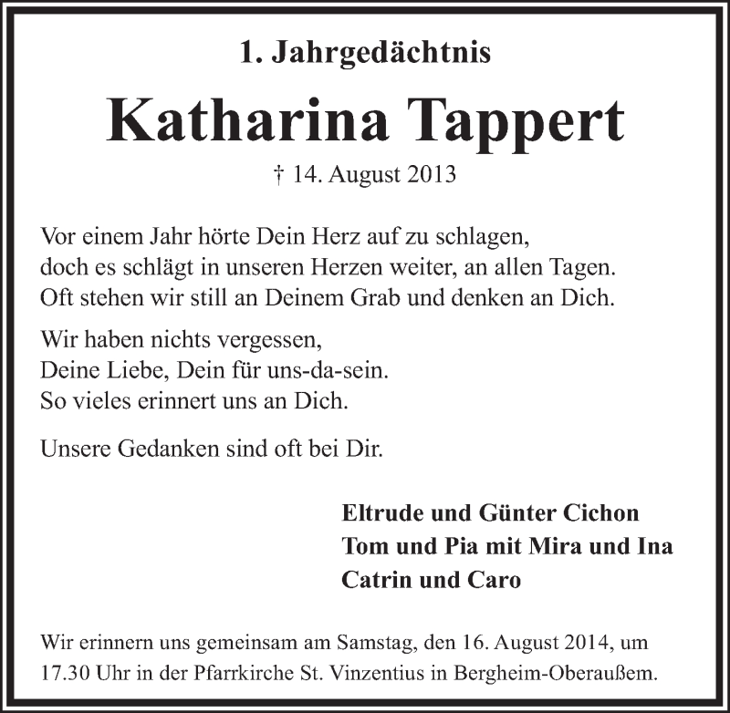  Traueranzeige für Katharina Tappert vom 09.08.2014 aus  Sonntags-Post 