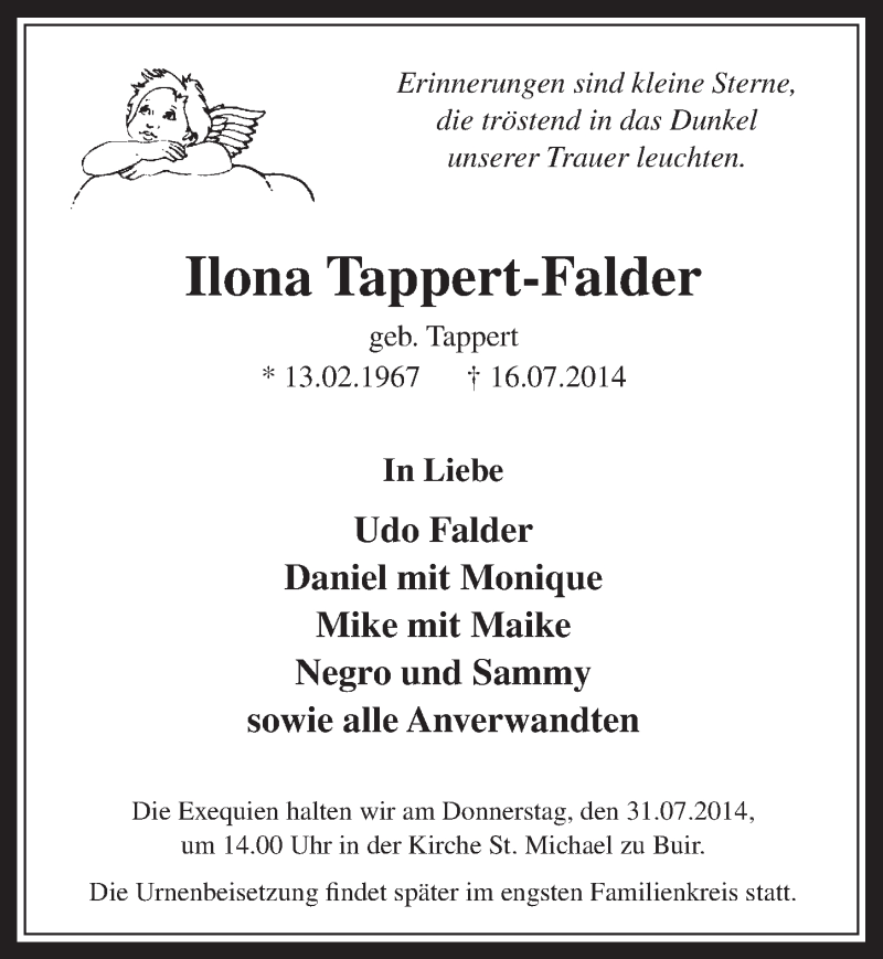  Traueranzeige für Ilona Tappert-Falder vom 26.07.2014 aus  Sonntags-Post 