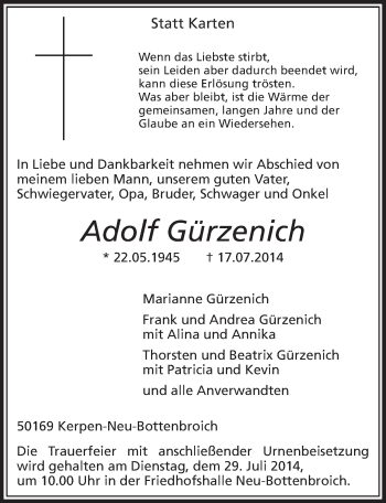 Anzeige von Adolf Gürzenich von  Sonntags-Post 