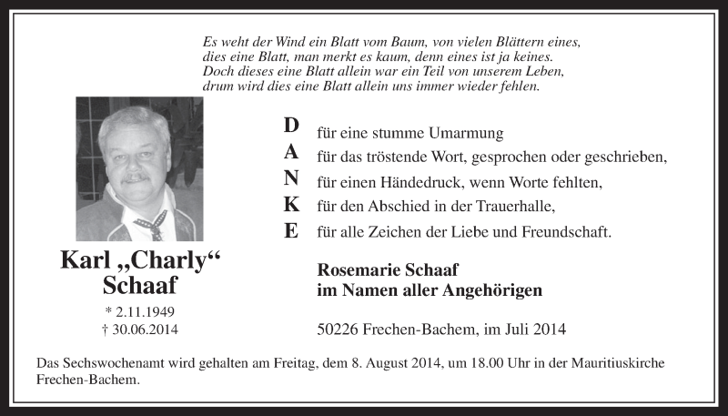  Traueranzeige für Karl Schaaf vom 30.07.2014 aus  Wochenende 