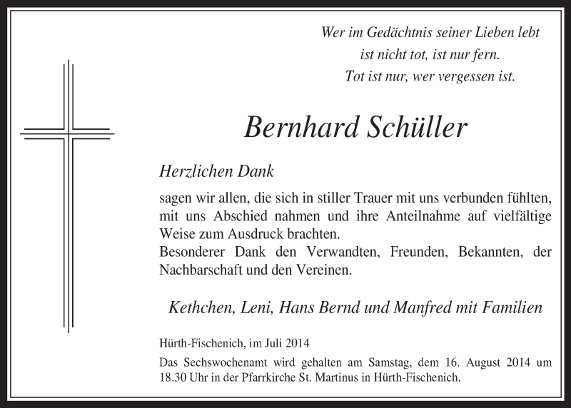  Traueranzeige für Bernhard Schüller vom 13.08.2014 aus  Wochenende  Schlossbote/Werbekurier 