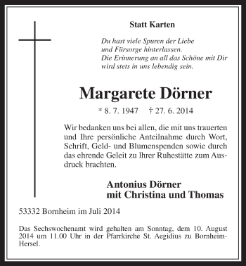Anzeige von Margarete Dörner von  Schaufenster/Blickpunkt  Schlossbote/Werbekurier 