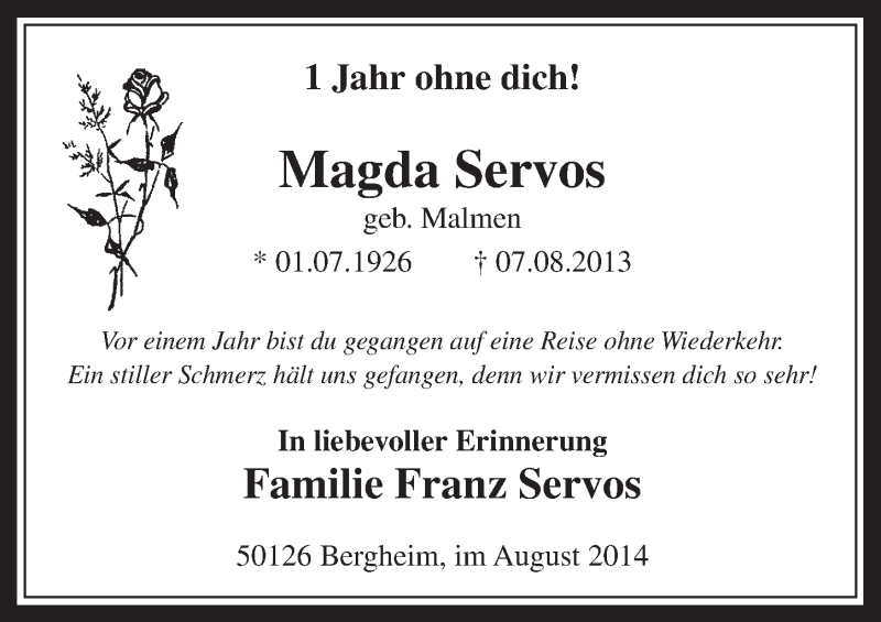  Traueranzeige für Magda Servos vom 06.08.2014 aus  Werbepost 