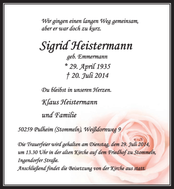 Anzeige von Sigrid Heistermann von  Sonntags-Post 