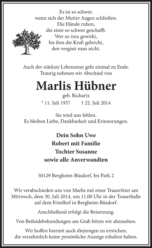  Traueranzeige für Marlis Hübner vom 26.07.2014 aus  Sonntags-Post 