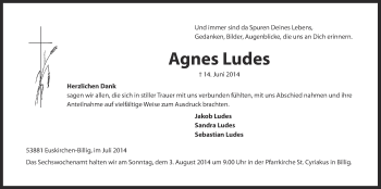 Anzeige von Agnes Ludes von  Blickpunkt Euskirchen 