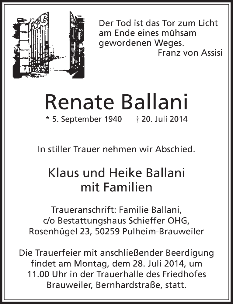  Traueranzeige für Renate Ballani vom 26.07.2014 aus  Sonntags-Post 