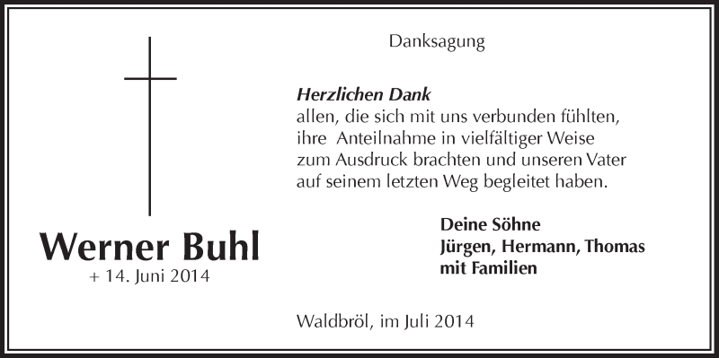  Traueranzeige für Werner Buhl vom 30.07.2014 aus  Lokalanzeiger 