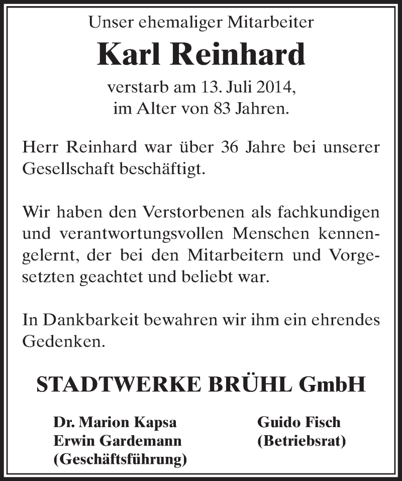  Traueranzeige für Karl Reinhard vom 30.07.2014 aus  Schlossbote/Werbekurier 