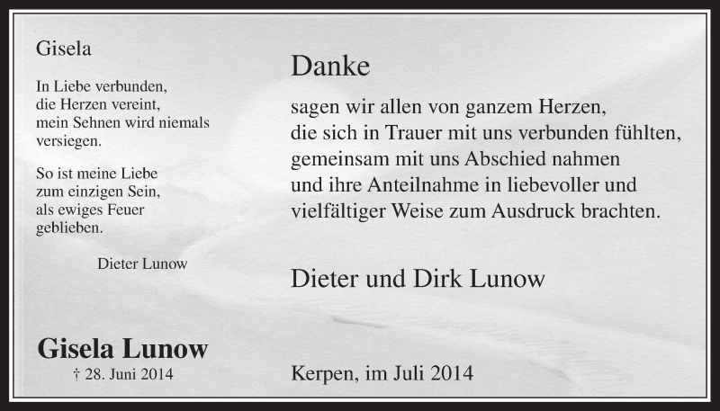  Traueranzeige für Gisela Lunow vom 30.07.2014 aus  Werbepost 