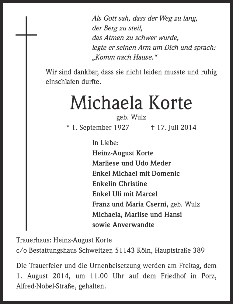  Traueranzeige für Michaela Korte vom 30.07.2014 aus  Kölner Wochenspiegel 