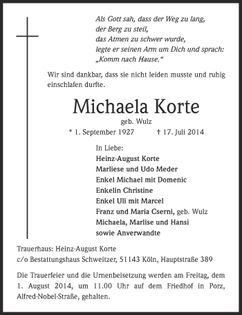 Anzeige von Michaela Korte von  Kölner Wochenspiegel 
