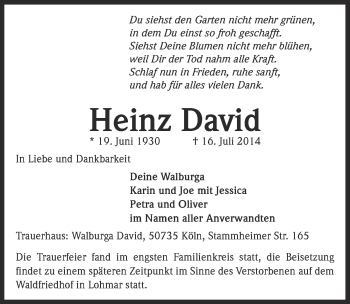Anzeige von Heinz David von  Kölner Wochenspiegel 