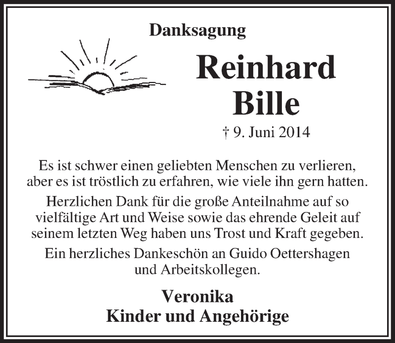  Traueranzeige für Reinhard Bille vom 30.07.2014 aus  Lokalanzeiger 