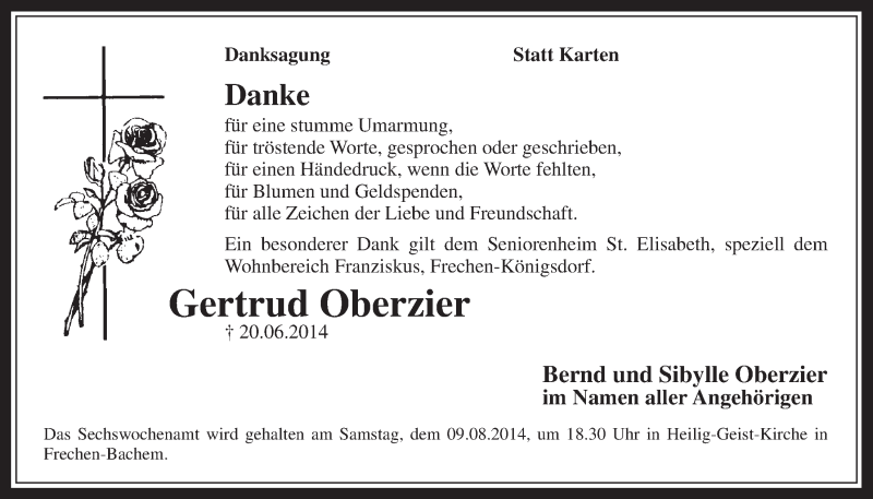  Traueranzeige für Gertrud Oberzier vom 30.07.2014 aus  Wochenende 
