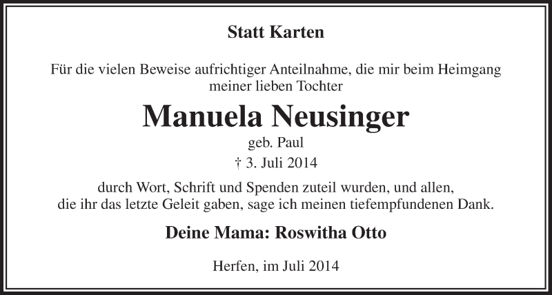  Traueranzeige für Manuela Neusinger vom 30.07.2014 aus  Lokalanzeiger 